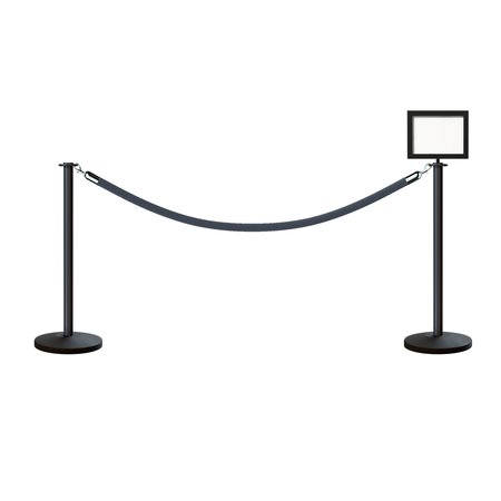 MONTOUR LINE Stanchion Post and Rope Kit Black, 2FlatTop 1Gray Rope 8.5x11V Sign C-Kit-1-BK-FL-1-Tapped-1-8511-V-1-PVR-GY-PS